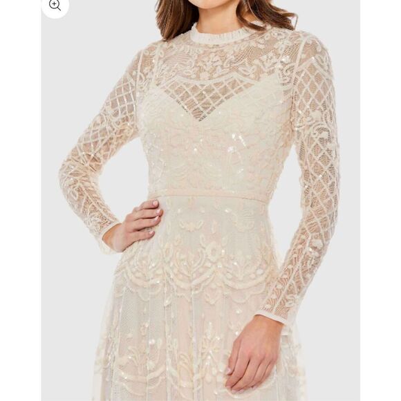 MAC DUGGAL Nude Sequined Illusion High Neck Long Sleeve Midi Dress size 10 NWOT - Picture 2 of 9
